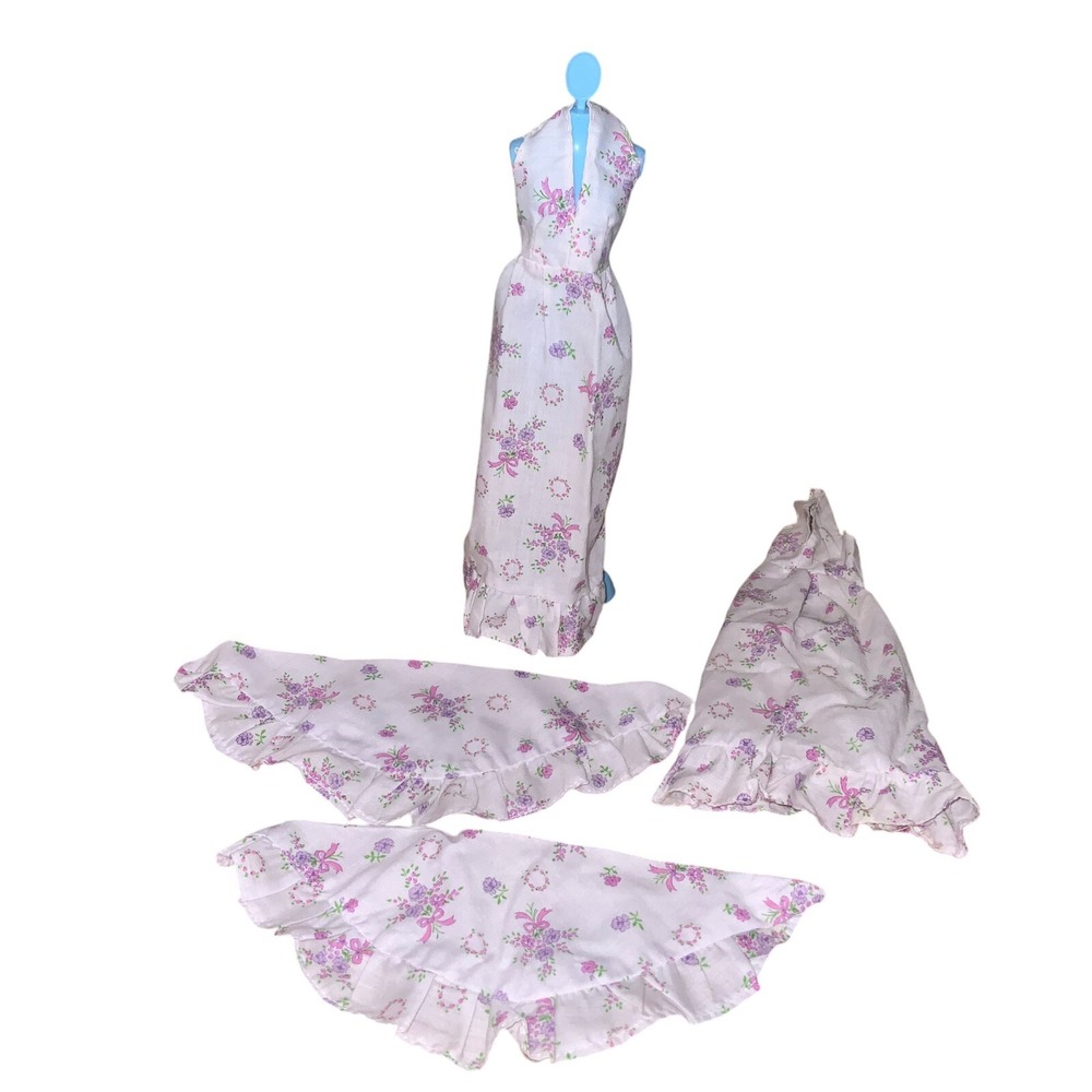 Vintage 60s Barbie 2 Dresses & Shawls Mommy Homemade Floral Purple Bridesmaid 70